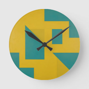 Reloj Redondo Mediano Abstracto geométrico en amarillo y azul turquesa