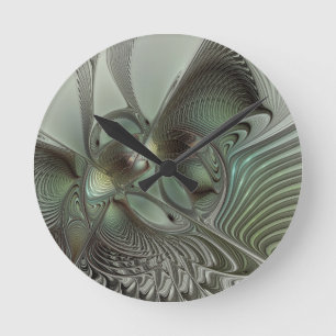 Reloj Redondo Mediano Abstracto Olive Sage Green Grey Fractal Art Fantas