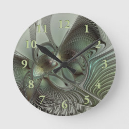Reloj Redondo Mediano Abstracto Olive Sage Green Grey Fractal Art Fantas
