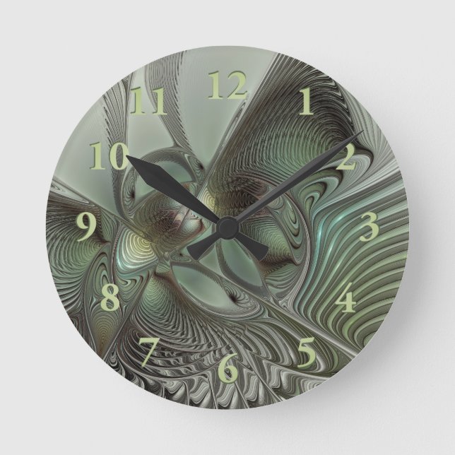 Reloj Redondo Mediano Abstracto Olive Sage Green Grey Fractal Art Fantas (Anverso)