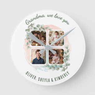 Reloj Redondo Mediano Abuela te amamos 6 Collage de Fotos Eucalipto