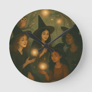 Reloj Redondo Mediano Aceite de Halloween pintando brujas en los bosques