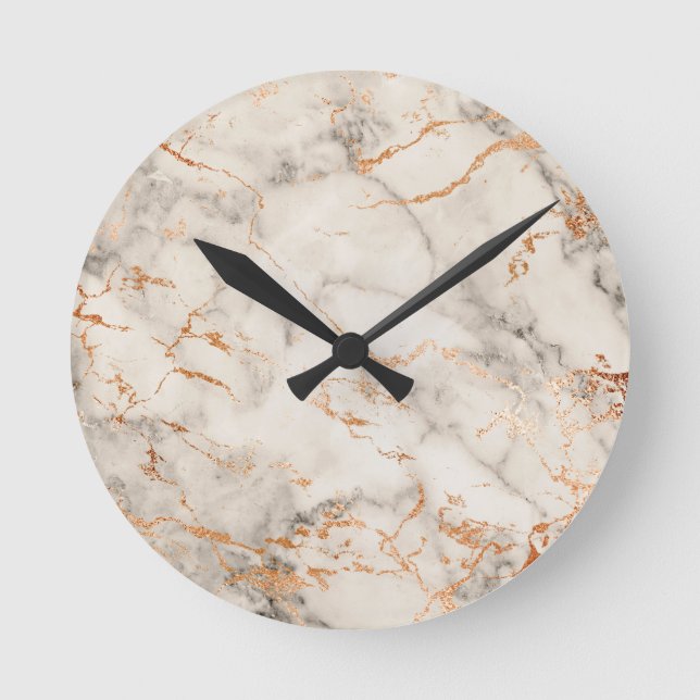 Reloj Redondo Mediano Acentos marrones y patrón abstracto blanco (Anverso)