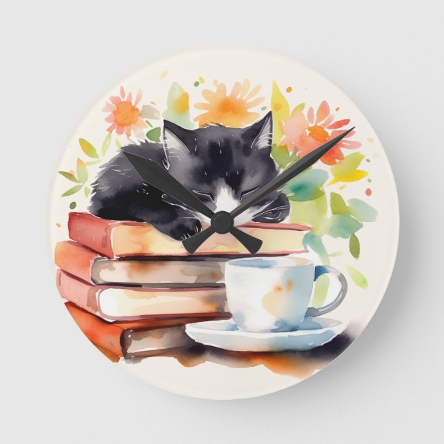 Reloj Redondo Mediano Acogedor gato relajado en acuarela (Anverso)
