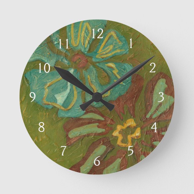 Reloj Redondo Mediano Acua y flores de Naranja quemadas en fondo verde (Anverso)