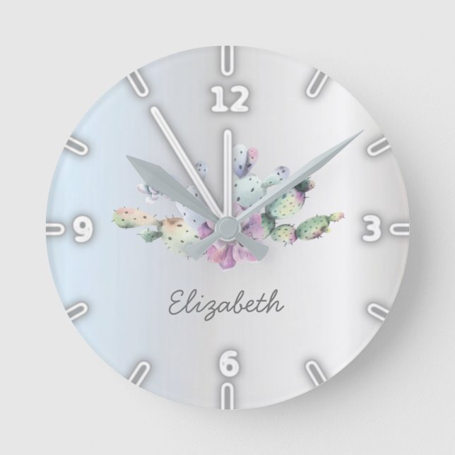 Reloj Redondo Mediano Acuarela Adorable Cactus Suculento, Plata  (Anverso)