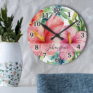 Reloj Redondo Mediano Acuarela Aloha Hawái nombre de guión de flores roj