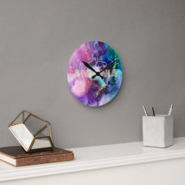Reloj Redondo Mediano Acuarela Arcoiris Nombre Personalizable Brillante