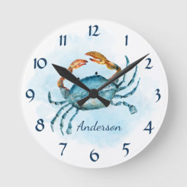 Reloj Redondo Mediano Acuarela Blue Crab Beach Coastal Personalizada