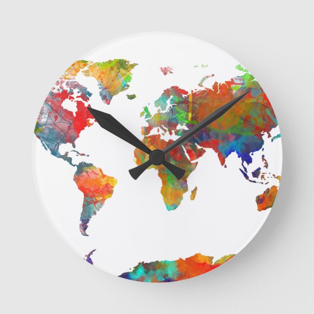 Reloj Redondo Mediano acuarela de mapa mundial 18 (Anverso)