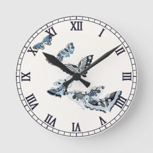 Reloj Redondo Mediano Acuarela de mariposa japonesa vintage azul