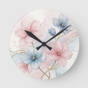 Reloj Redondo Mediano Acuarela floral azul rosa elegante
