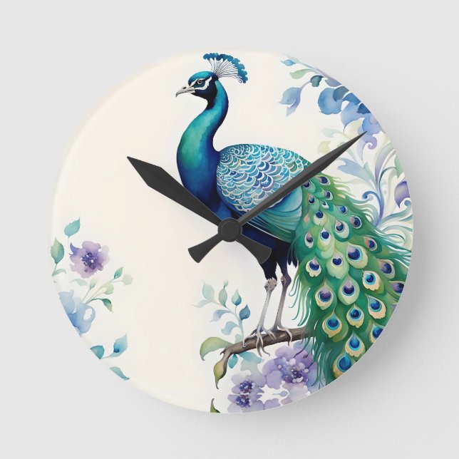 Reloj Redondo Mediano Acuarela floral de pavo real (Anverso)