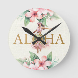 Reloj Redondo Mediano Acuarela Hula Chica Aloha en Island Time Hawaii