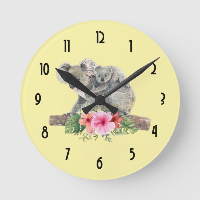 Reloj Redondo Mediano Acuarela Koala Bears Cuece Mamá Y Bebé (Anverso)