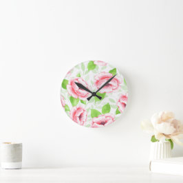 Reloj Redondo Mediano Acuarela Rosa Coral - Floral Romántico