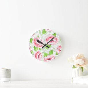 Reloj Redondo Mediano Acuarela Rosa Coral - Floral Romántico