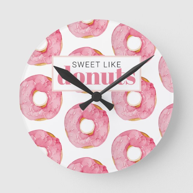 Reloj Redondo Mediano Acuarela Rosa Moderna Dulce Como Cita De Donuts (Anverso)
