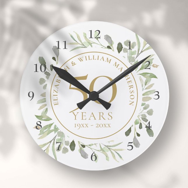 Reloj Redondo Mediano Acuarela suave deja 50 años (Soft Watercolour Leaves 50th Anniversary Round Clock)