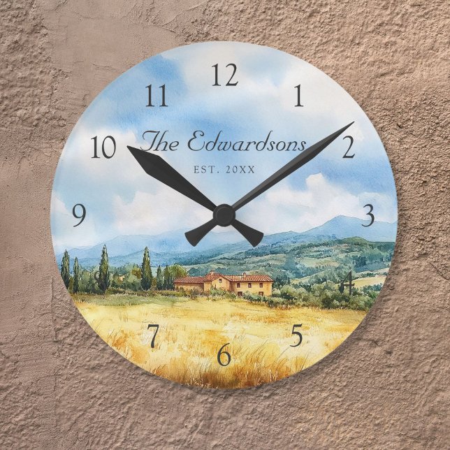 Reloj Redondo Mediano Acuarela Toscana (Watercolor Tuscan Mediterranean Family Name Round Clock)