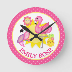 Reloj Redondo Mediano Acuarela Tropical Verano Flamingo y Loro