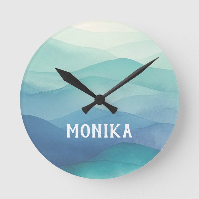 Reloj Redondo Mediano Acuarela Turquesa Marina Azul Ombre Layered (Anverso)