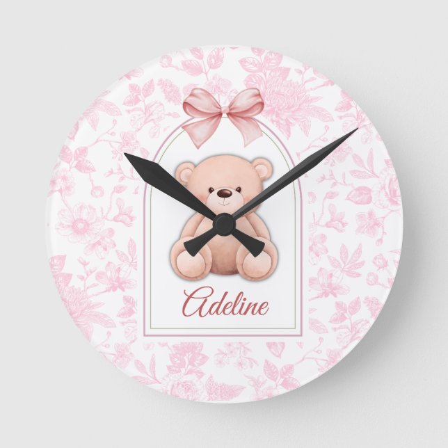 Reloj Redondo Mediano Adeline | Diseño de guardería de osito rosado pers (Anverso)