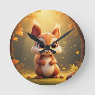 Reloj Redondo Mediano Adorable ardilla de dibujos animados en un bosque