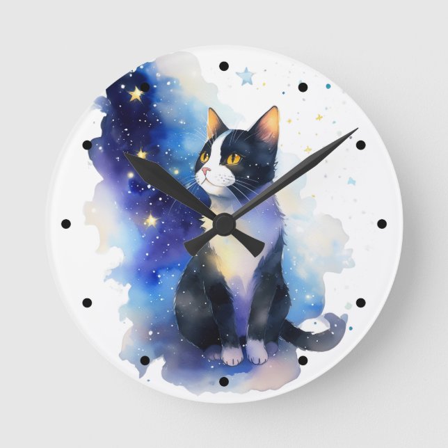 Reloj Redondo Mediano Adorable Ilustracion acuático de gato de Tuxedo (Anverso)