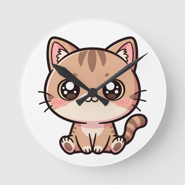Reloj Redondo Mediano Adorable Kawaii Cat Chibi Illustration (Anverso)