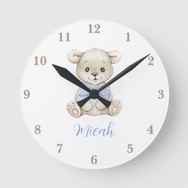 Reloj Redondo Mediano Adorable Oso de Agua Bebé Lazo Azul  (Anverso)