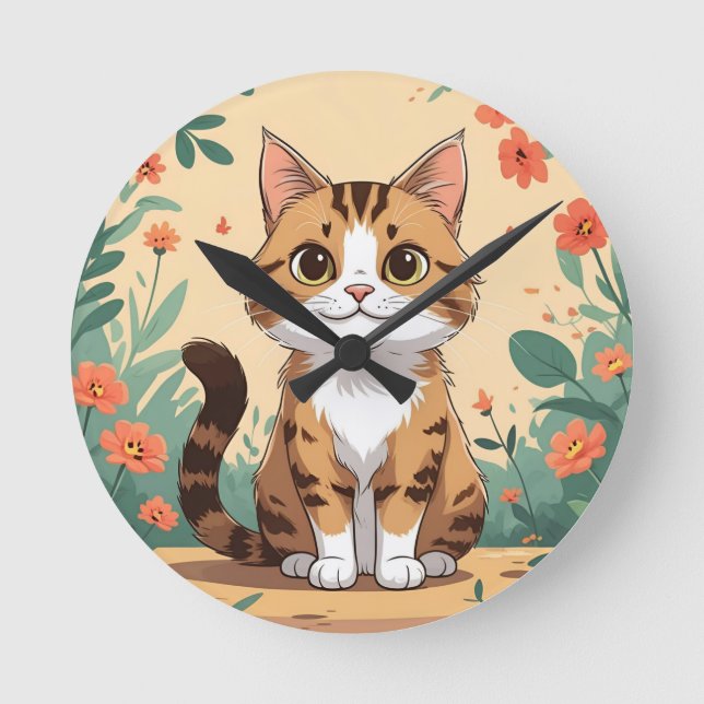 Reloj Redondo Mediano Adorable Tabby Cat in Blossom Garden 8" Round Acry (Anverso)