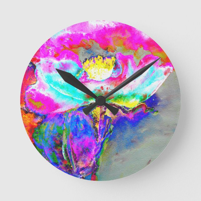 Reloj Redondo Mediano Adormidera rosa, pintura floral acuarela (Anverso)