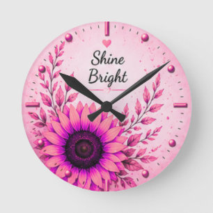 Reloj Redondo Mediano Adorno Floral de Girasol Rosa Brillante