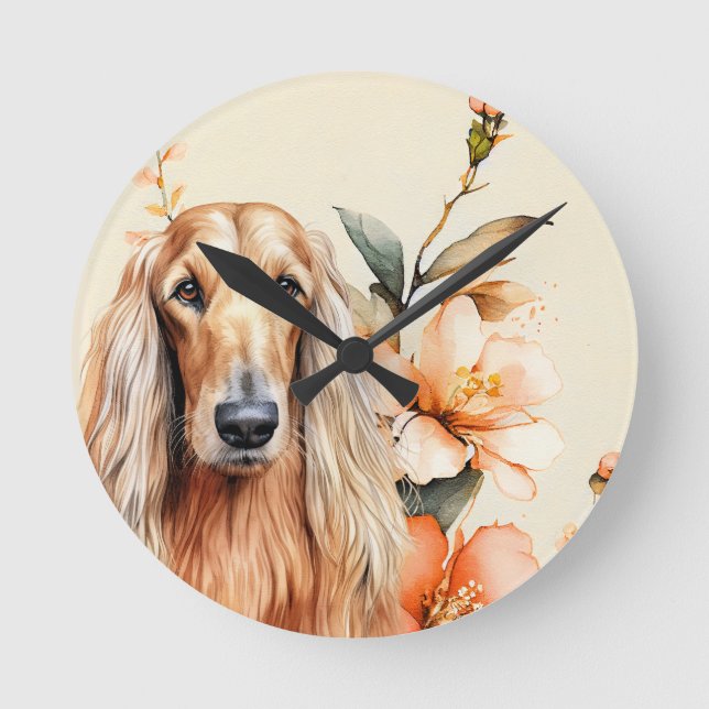 Reloj Redondo Mediano Afghan Hound Dog and Peach Lilies (Anverso)