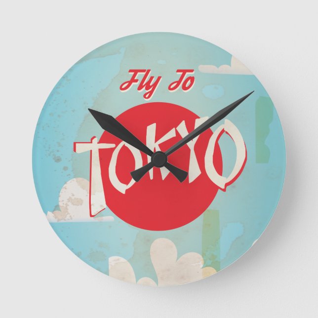 Reloj Redondo Mediano Afiche de viaje de Vieja Retro a Tokio (Anverso)