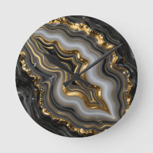 Reloj Redondo Mediano Ágata Geoda de Mármol de Lujo Oro Negro