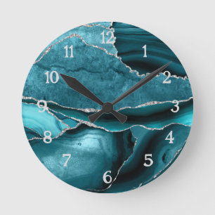 Reloj Redondo Mediano Ágata plateada turquesa brillo geoda azul marino