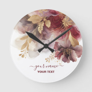 Reloj Redondo Mediano Agate floral Purpurina de Borgoña y Oro