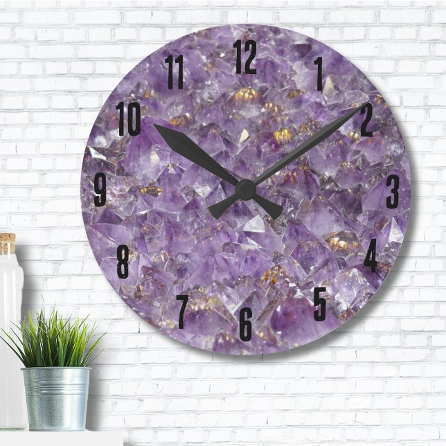 Reloj Redondo Mediano Agate Purple Crystal (Trendy Crystals Gemstone Geode Purple Amethyst Round Clock)