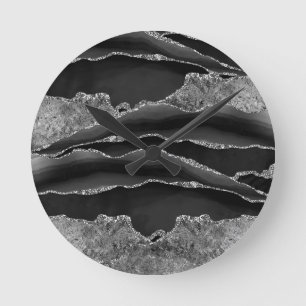 RELOJ REDONDO MEDIANO AGUA DE MÁRMOL NEGRO AGUA PURPURINA DE PLATA GLAM