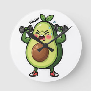 Reloj Redondo Mediano Aguacate Meditando Levantando Pesas Humor de Gimna