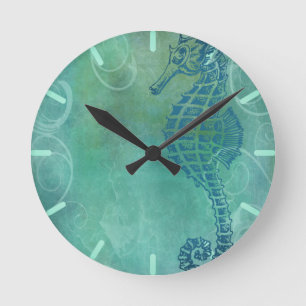 Reloj Redondo Mediano Aguas azules, caballitos de mar y florecimiento
