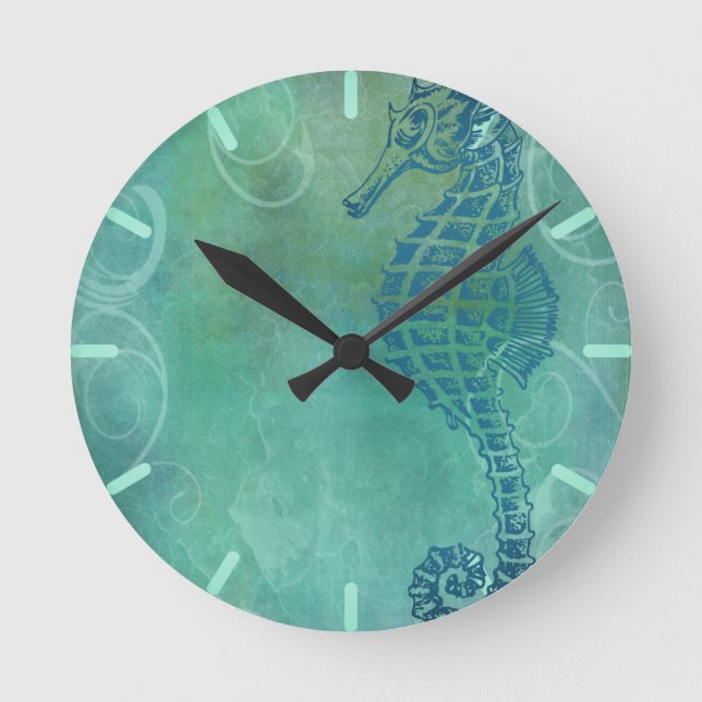 Reloj Redondo Mediano Aguas azules, caballitos de mar y florecimiento (Anverso)