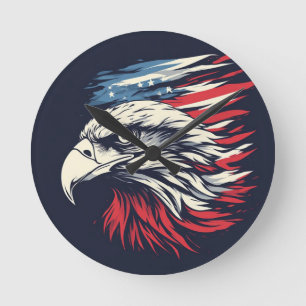 Reloj Redondo Mediano Águila de Tinta y Arte de Bandera Americana La Lib