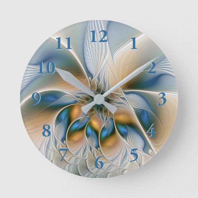 Reloj Redondo Mediano Alarmante, Abstracta Fantasía Fractal Art Con Azul (Anverso)