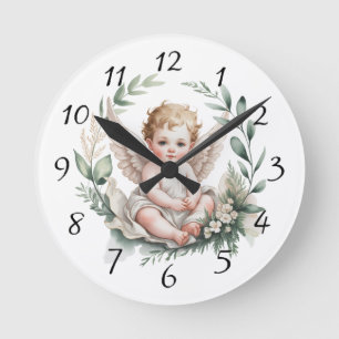 Reloj Redondo Mediano Alas de ángel acuarela Bautismo Verde