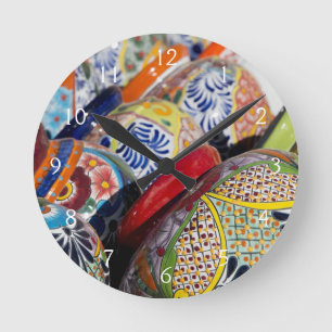 Reloj Redondo Mediano Alfarería mexicana tradicional pintada a mano y co