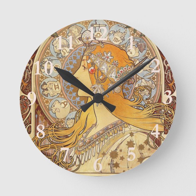 Reloj Redondo Mediano Alfonse Mucha Zodiac Art Nouveau Mujer (Anverso)