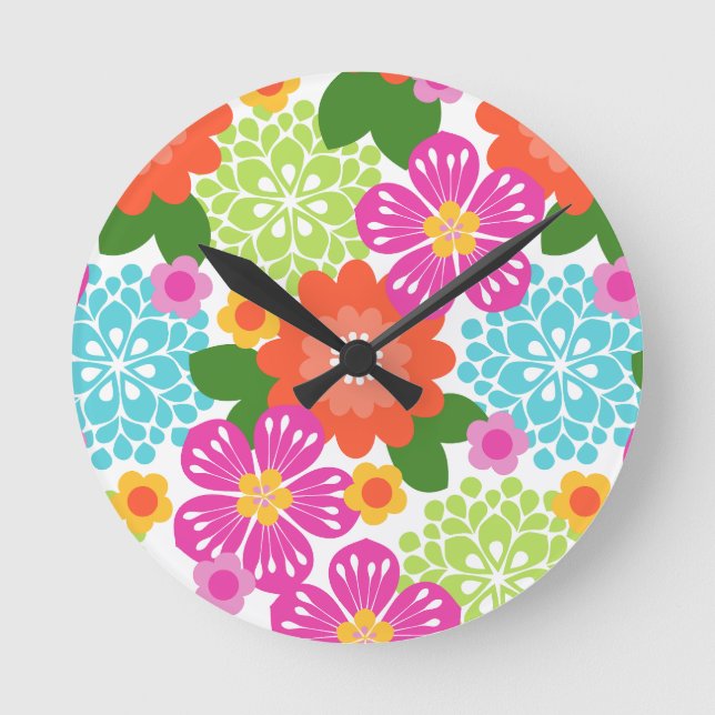 Reloj Redondo Mediano Allana Garden Floral Gráfica Hawaiana - Brillantes (Anverso)